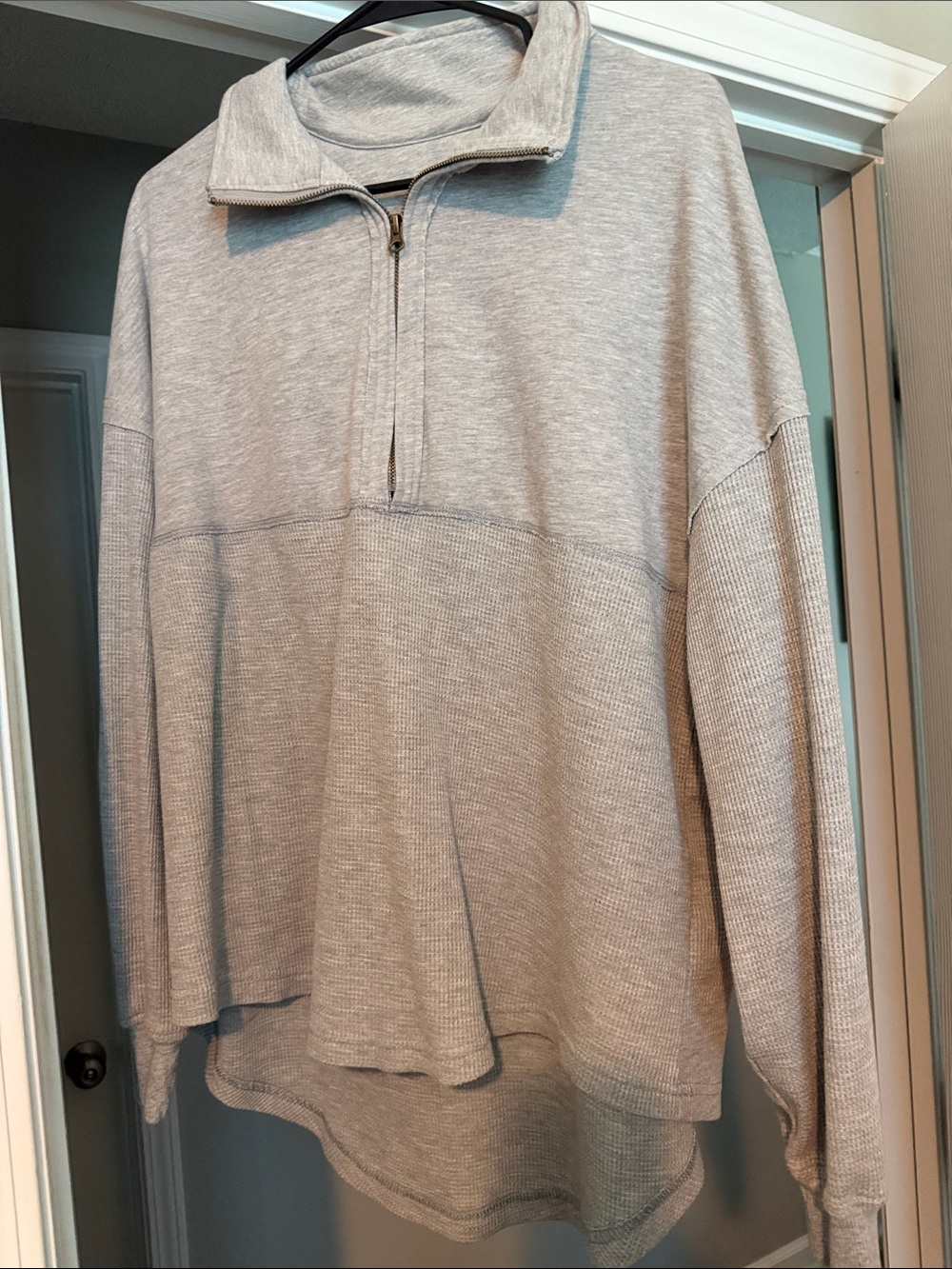 Amazon Women's Light Gray Quarter-Zip Waffle Knit Sweater